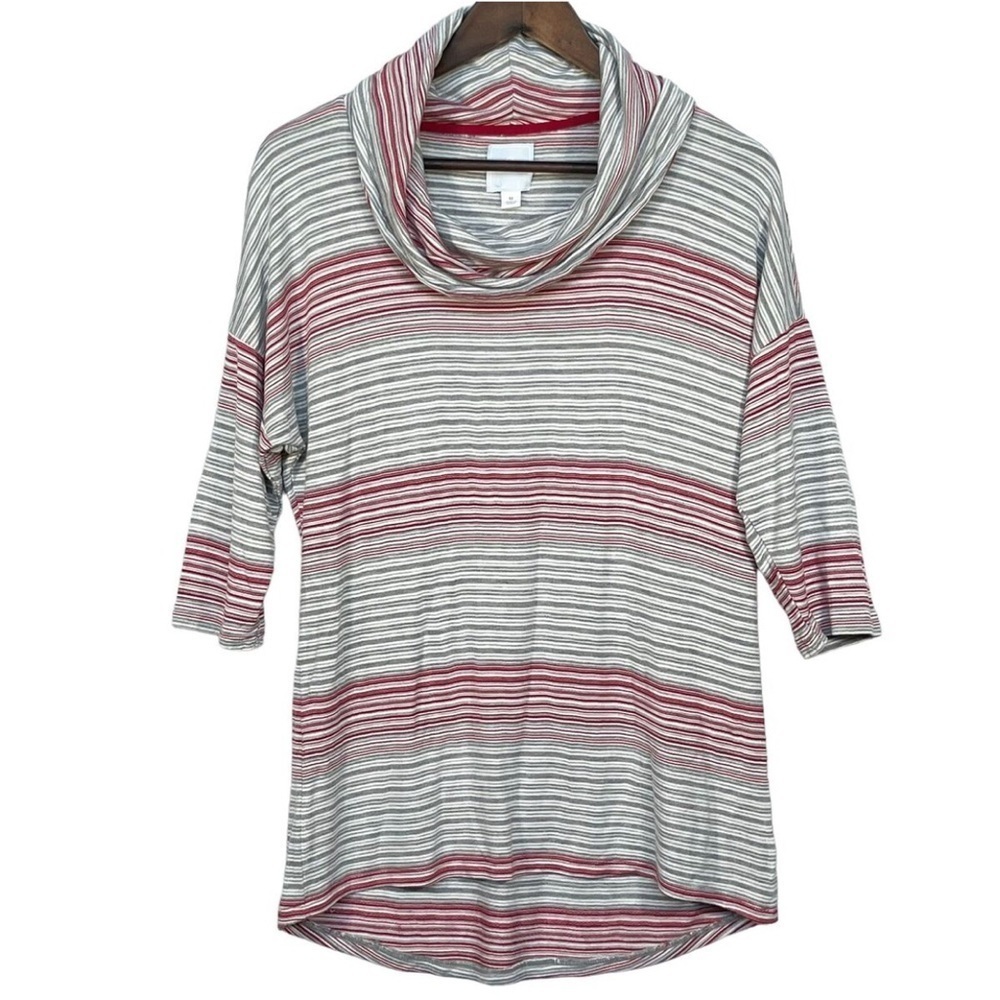 Sunday Red, White & Gray Cowl Neck Tunic with High Low Hem.  Size Large.